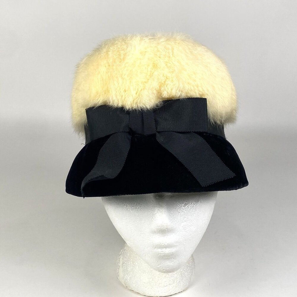 Vintage Genuine Rabbit Fur Black Velvet Cloche Hat Black Ribbon Accent